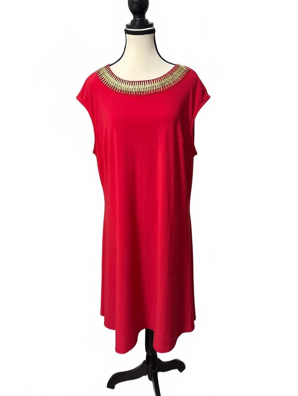 Women's 1X Red A-Line Dress with Gold-Tone Decorative Neckline, Cap Sleeves